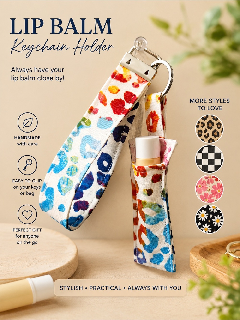 Wristlet & Lip Balm Keychain Holder - Multicolor Floral Print